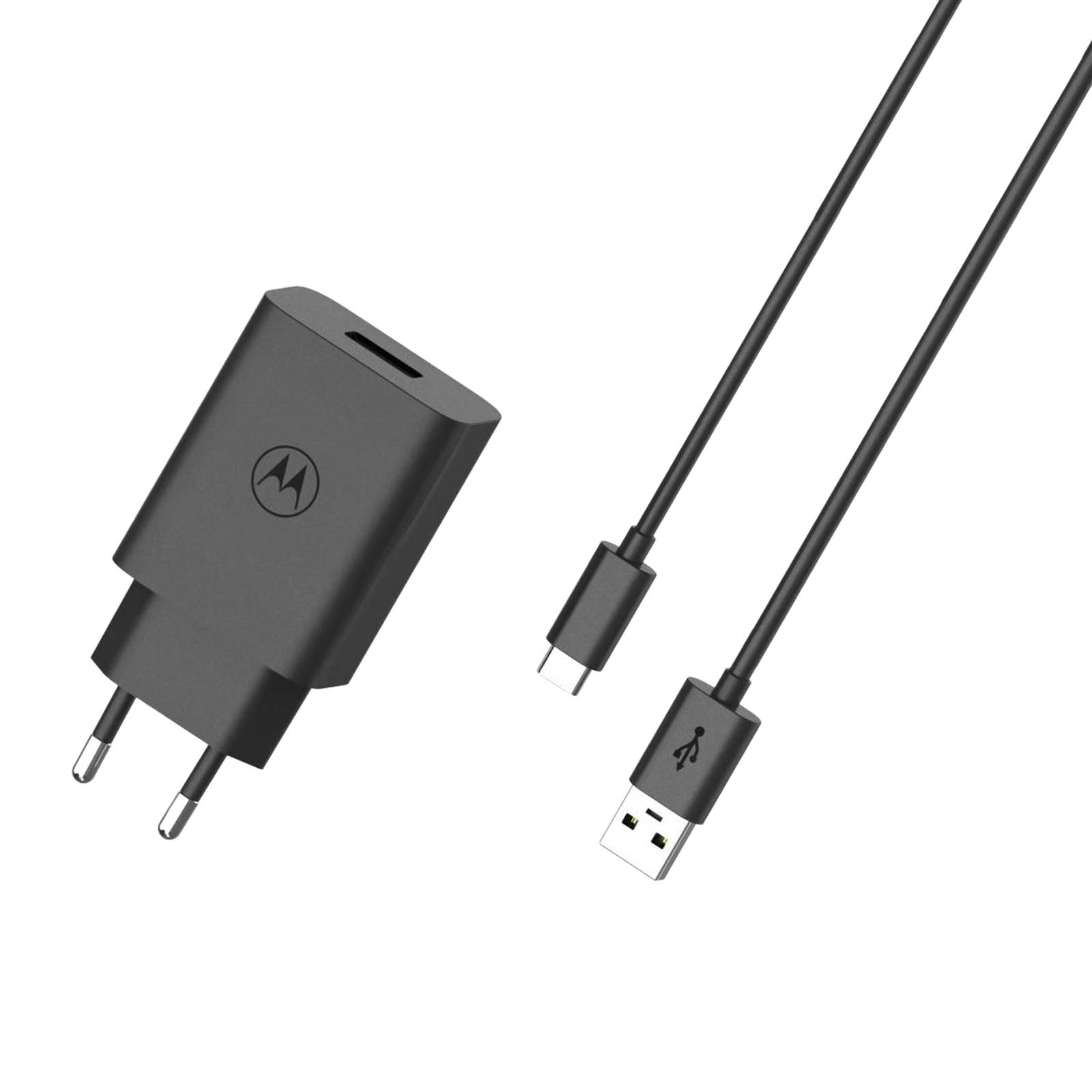 Schwarzes Motorola-USB-Netzteil mit zweipoligem Stecker und angebrachtem USB-Ladekabel mit USB-A- und USB-C-Anschlüssen auf schwarzem Hintergrund.