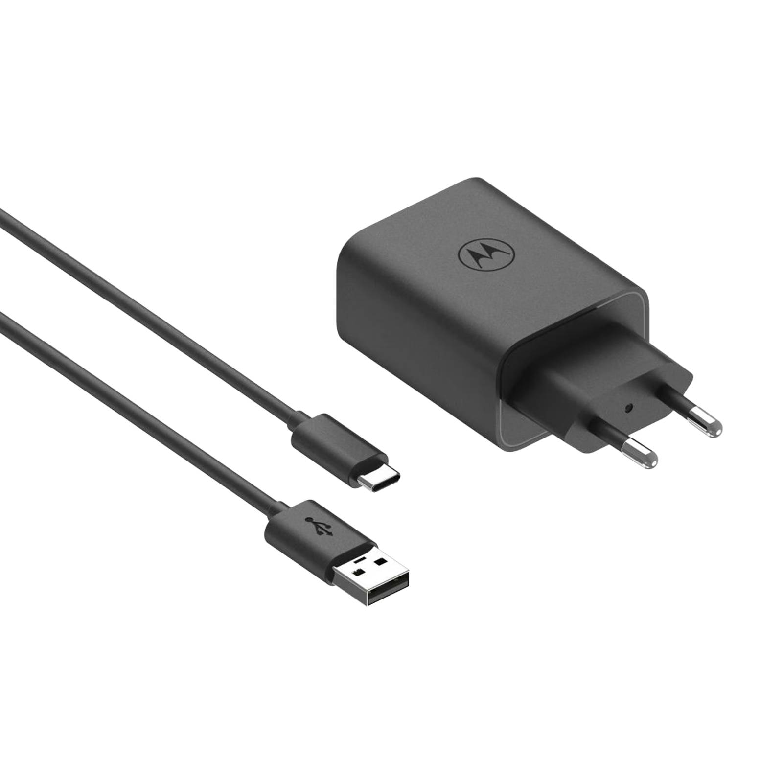 Motorola-Wandladegerät mit USB-A-zu-USB-C-Kabel auf schwarzem Hintergrund.