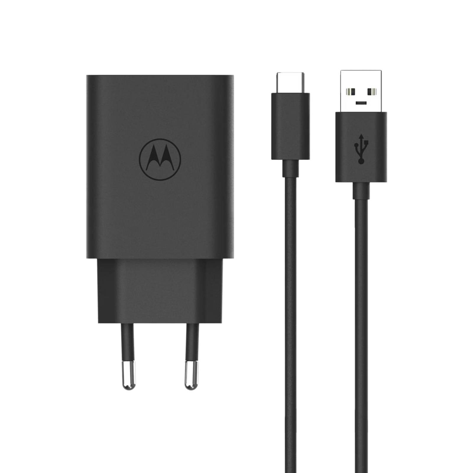 Schwarzes Motorola-Wandladegerät mit europäischem Stecker und angebrachtem Kabel, gezeigt mit USB-C- und USB-A-Anschlüssen auf schwarzem Hintergrund.