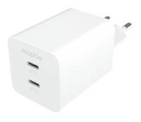 Ein weißer Mophie Dual-Port USB-C Wandlader mit Steckdosensteckern und 'mophie' Branding an der Seite.