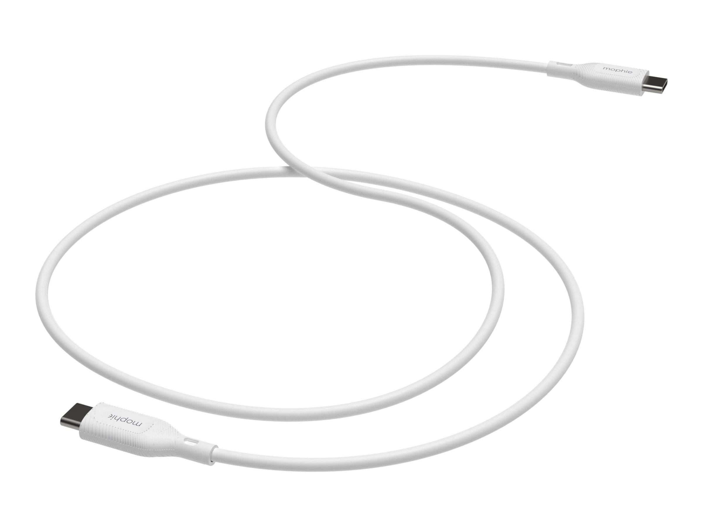 Ein weißes Ladekabel mit USB-C-Anschlüssen an beiden Enden liegt aufgewickelt. Das Kabel ist für moderne elektronische Geräte konzipiert.