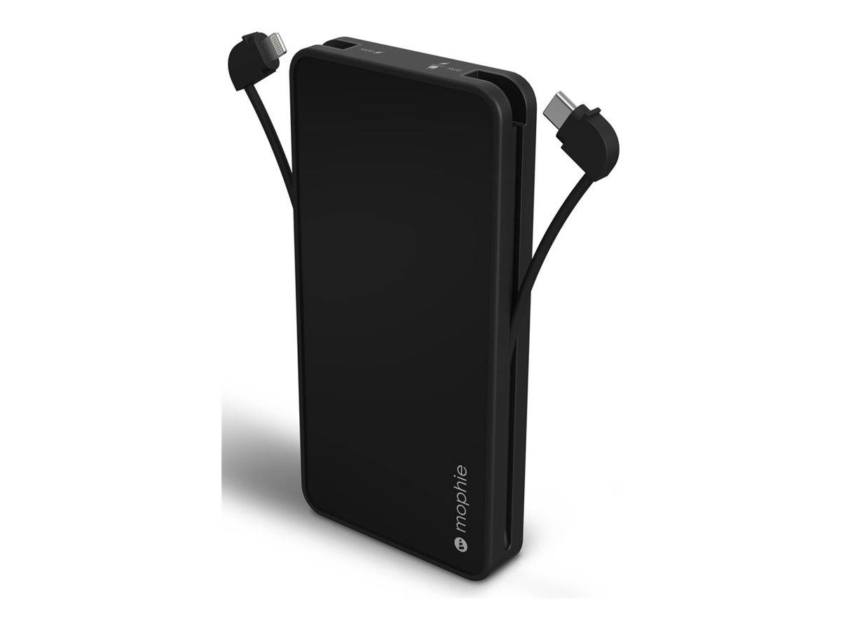 Ein schlankes, schwarzes Powerbank mit angeschlossenen Ladekabeln und 'Promate' Branding, entwickelt für das mobile Aufladen von Geräten.
