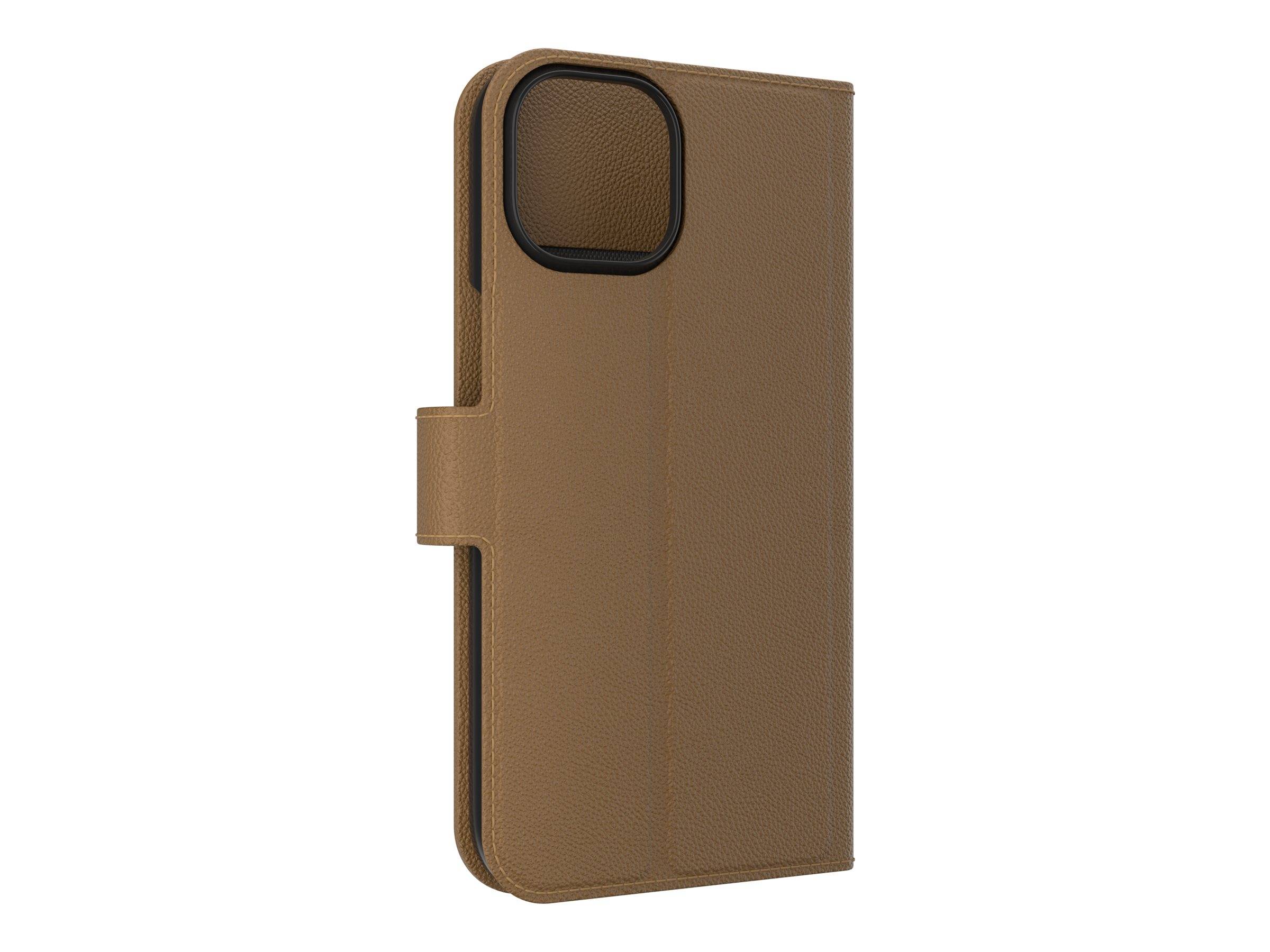 Eine braune Ledertasche für Mobiltelefone mit magnetischem Verschluss und Kameraausschnitt, geschlossen dargestellt, wobei ihre strukturierte Oberfläche und das schlichte Design hervorgehoben werden.