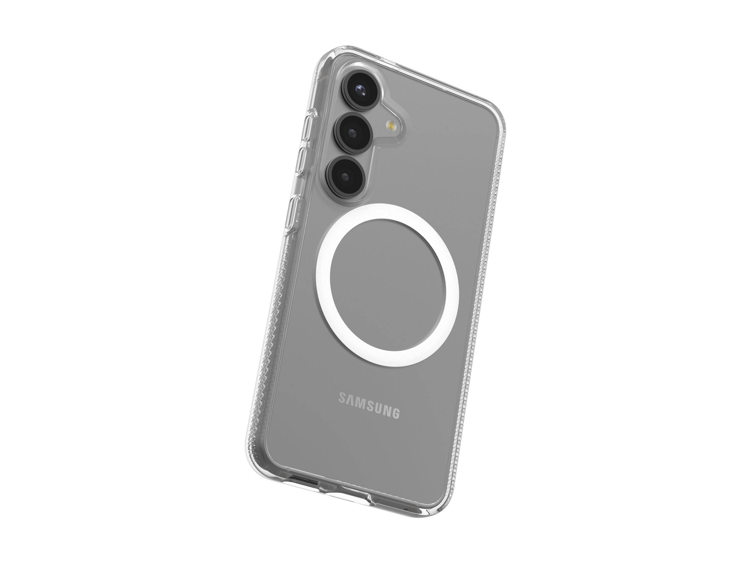 Eine transparente Handyhülle mit einem kreisförmigen weißen Design auf der Rückseite passt zu einem Smartphone mit drei Rückkameras und präsentiert ein modernes Accessoire.