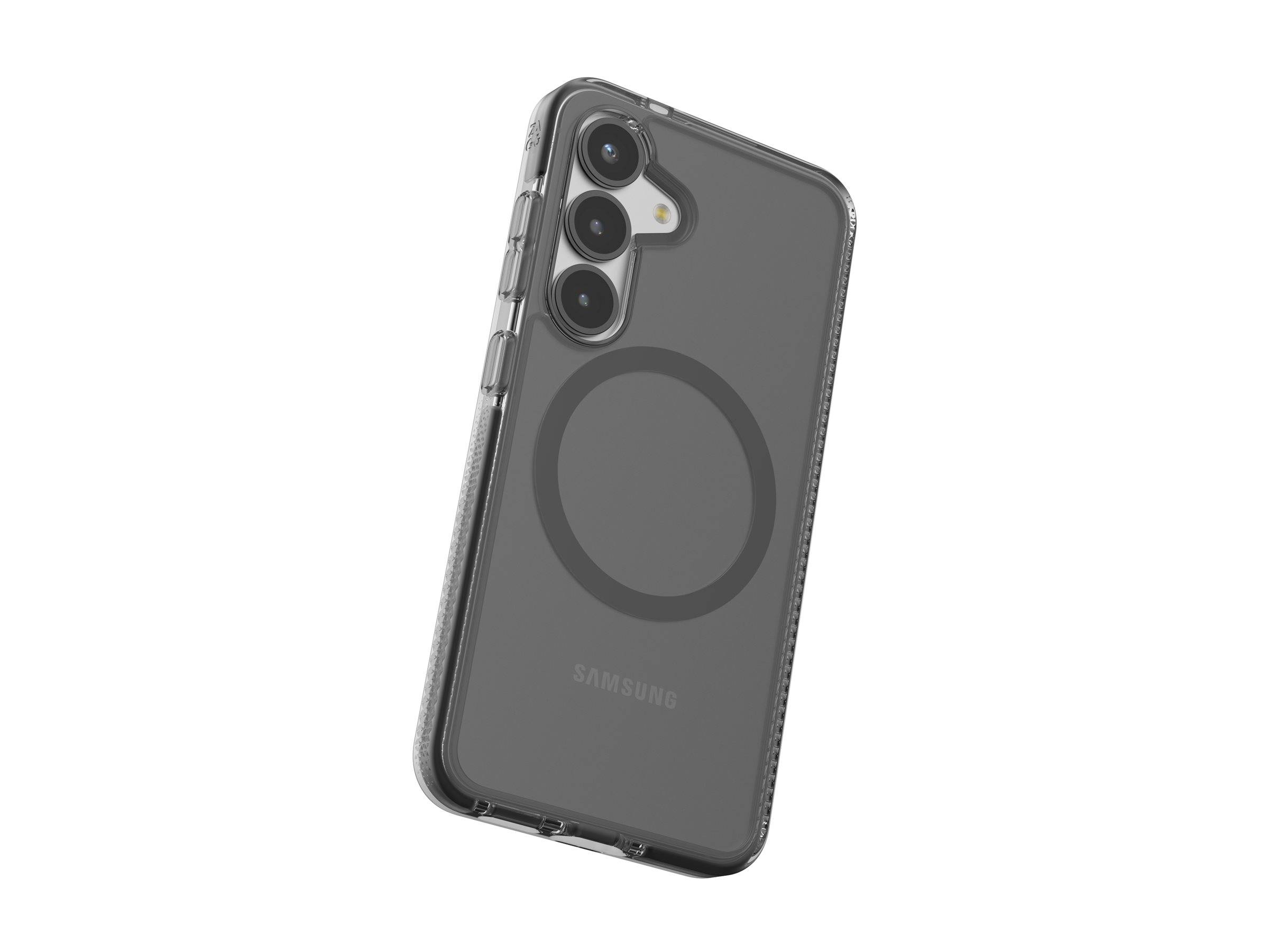 Transparente Handyhülle für Samsung Galaxy mit MagSafe-Kompatibilität, mit drei Kameraausschnitten auf der Rückseite.