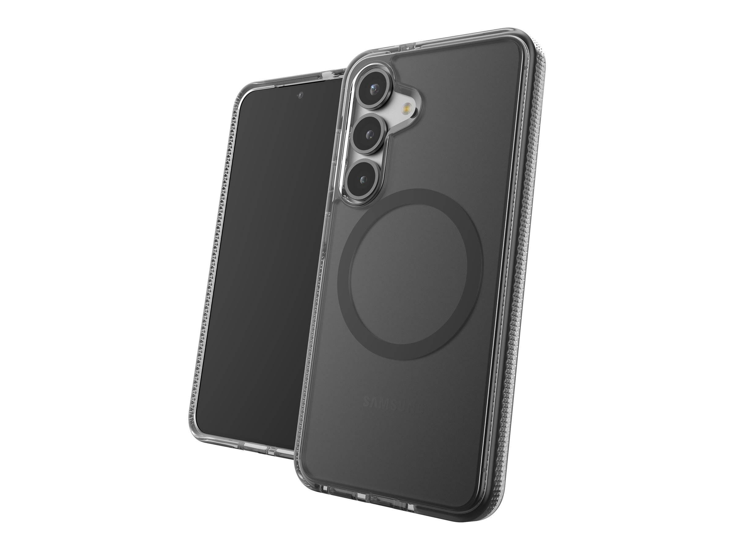 Eine Smartphone-Hülle, die von vorne und hinten gezeigt wird, mit einem klaren Design und einem kreisförmigen MagSafe-Ring auf der Rückseite.