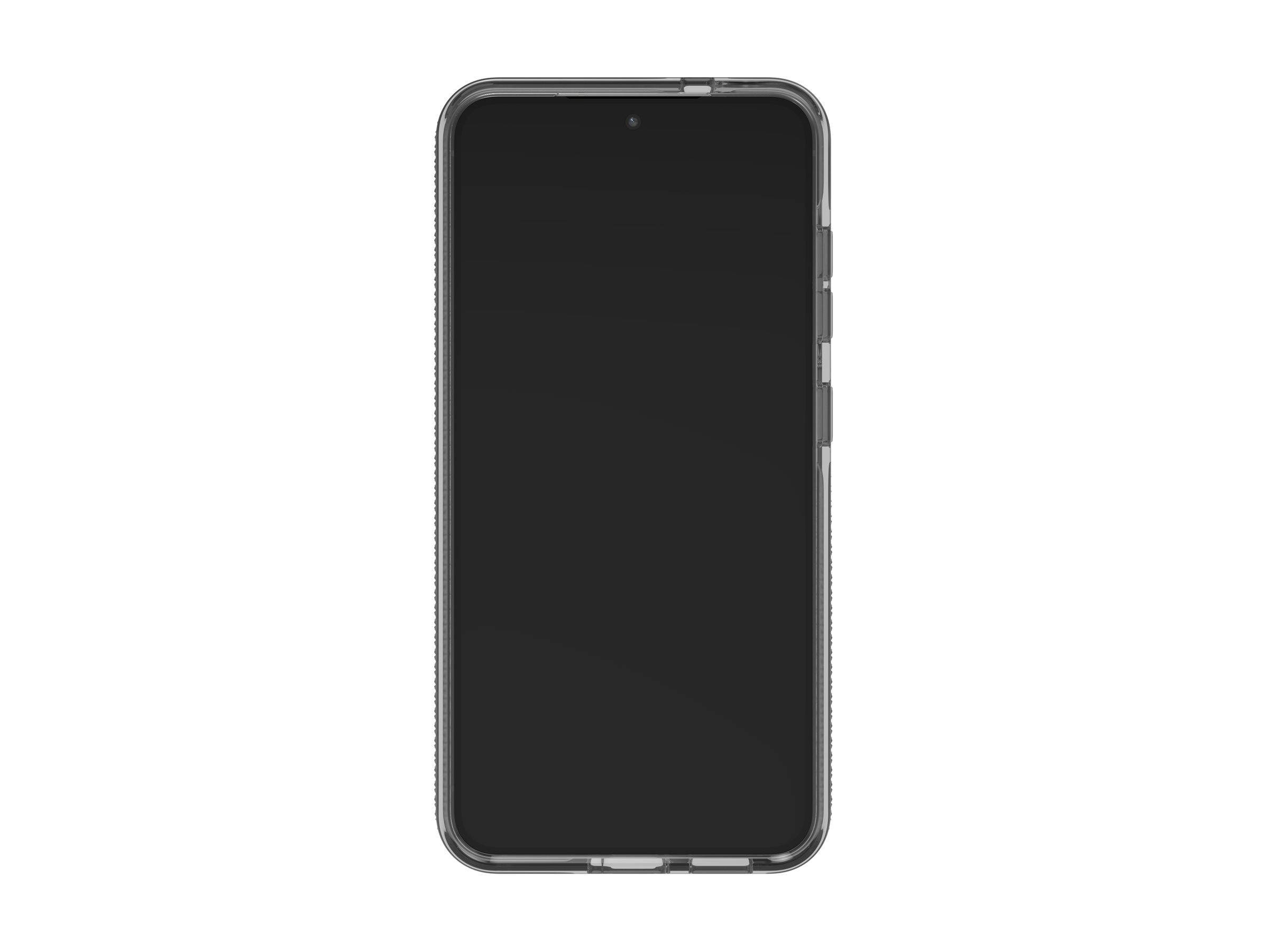 Ein Smartphone mit einem schwarzen Bildschirm und einer transparenten Schutzhülle, das eine Frontansicht zeigt. Der Bildschirm ist ausgeschaltet, und die Kanten des Geräts sind sichtbar.