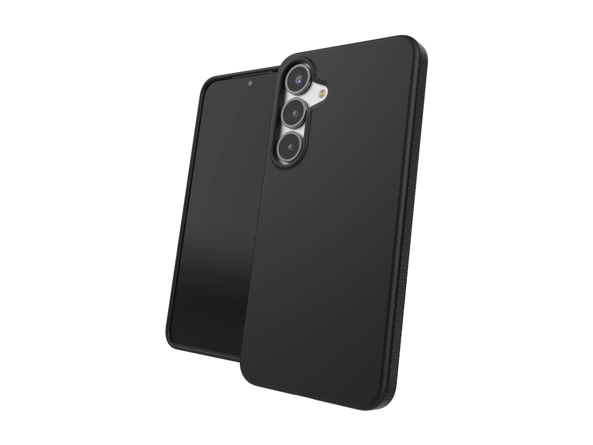 Ein schlankes schwarzes Smartphone mit einer Triple-Objektiv-Kamera auf der Rückseite, leicht schräg gestellt, um sowohl den Frontbildschirm als auch das Rückseitendesign zu präsentieren.