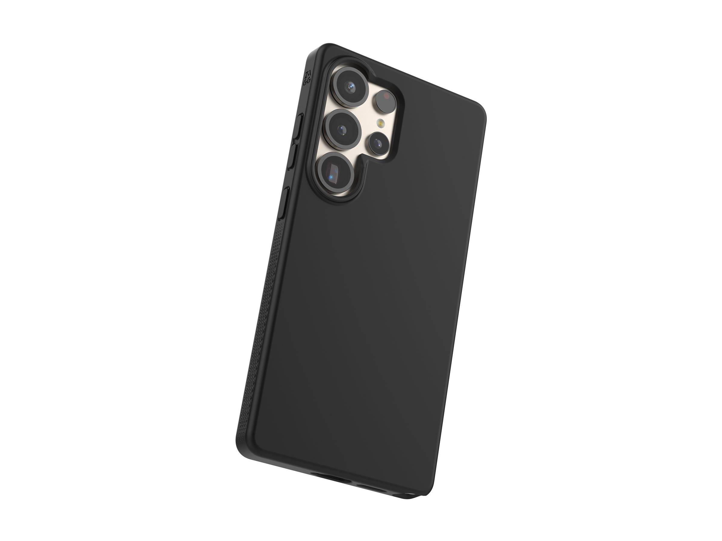 Eine schwarze Smartphone-Hülle mit präzisen Aussparungen, die die Rückkamera und Seitenknöpfe zeigt, designed für ein modernes Telefonmodell.