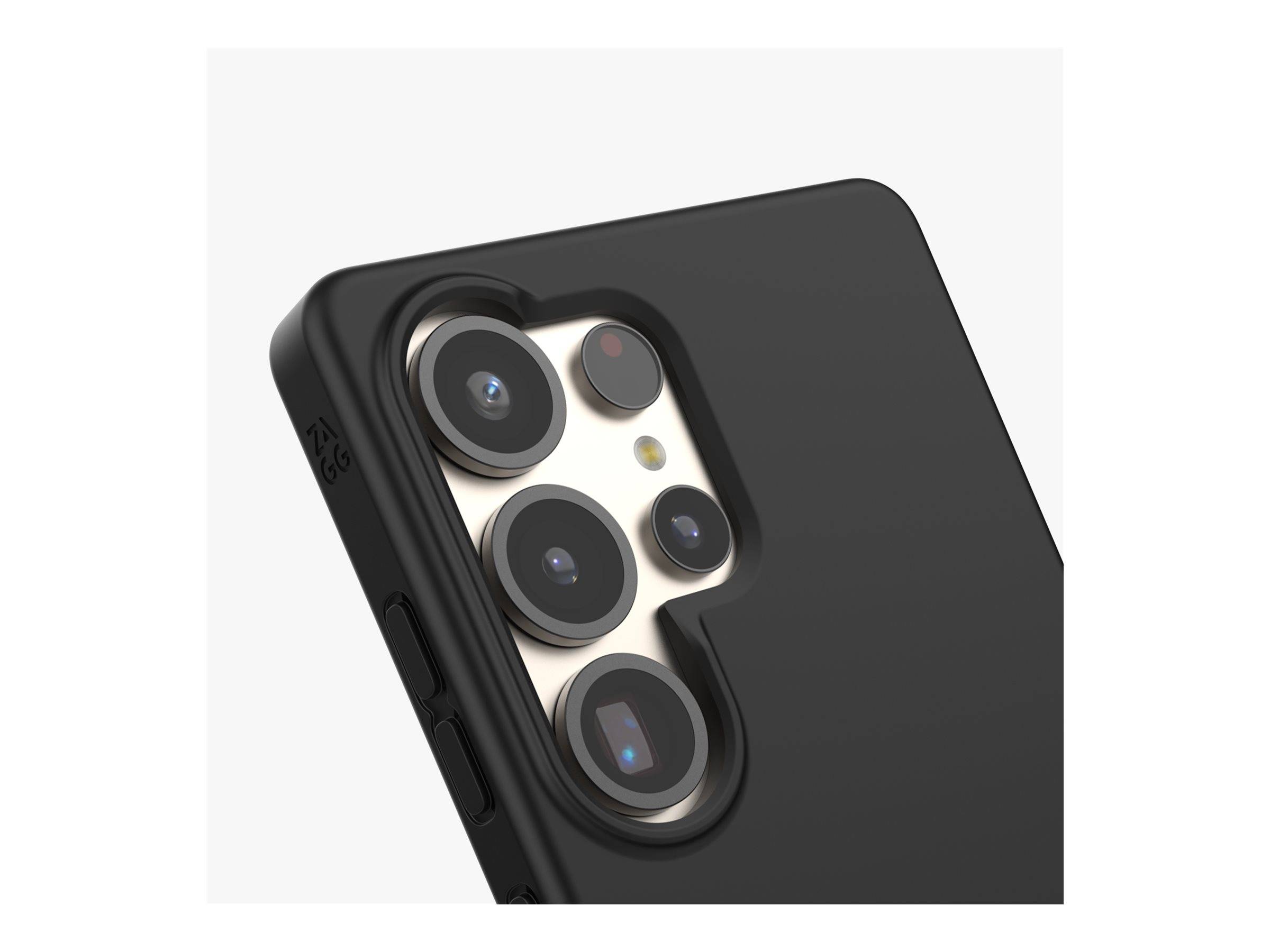 Schwarze Handyhülle mit präzisen Aussparungen für Kameraobjektive, Tasten und Anschlüsse, entwickelt für ein modernes Smartphone-Modell.