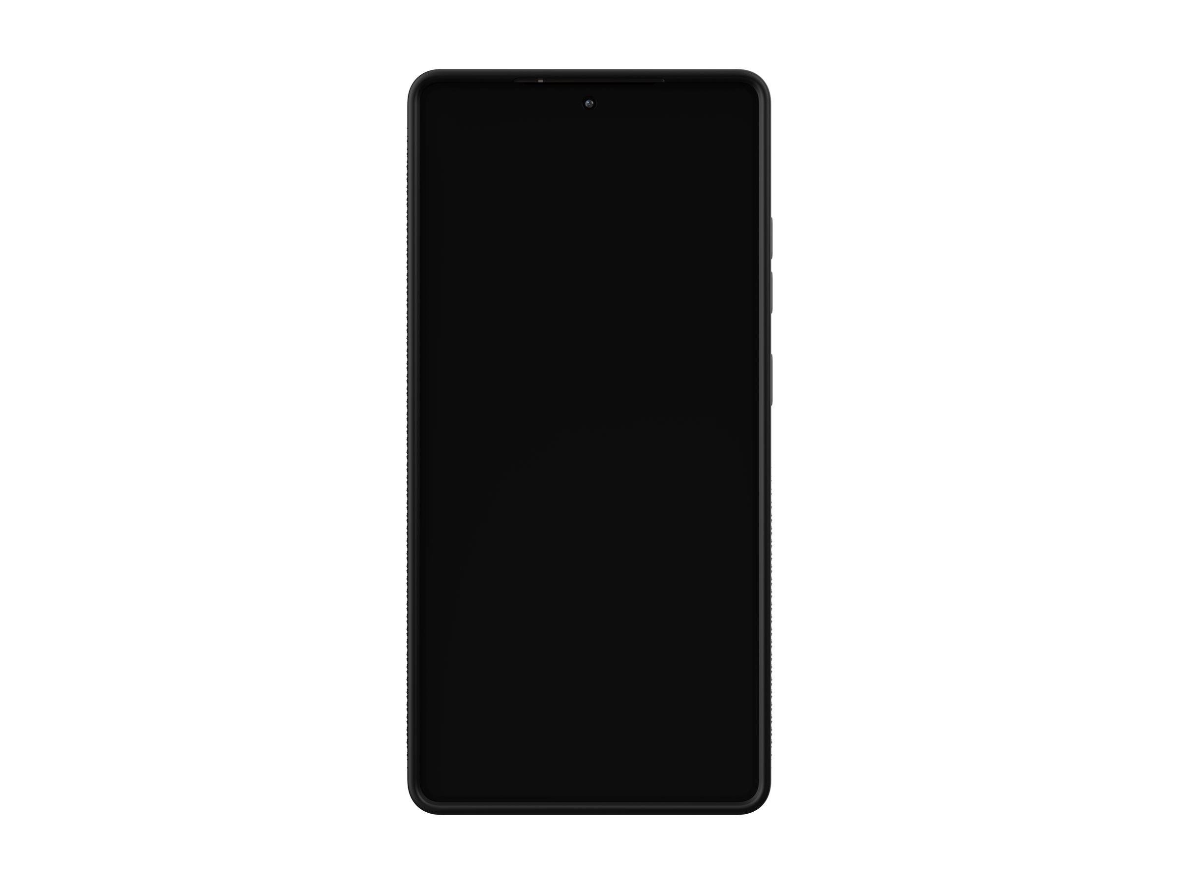 Vorderansicht eines schwarzen Smartphones mit einem leeren Bildschirm, wobei der Rahmen und die seitlichen Tasten zu sehen sind.