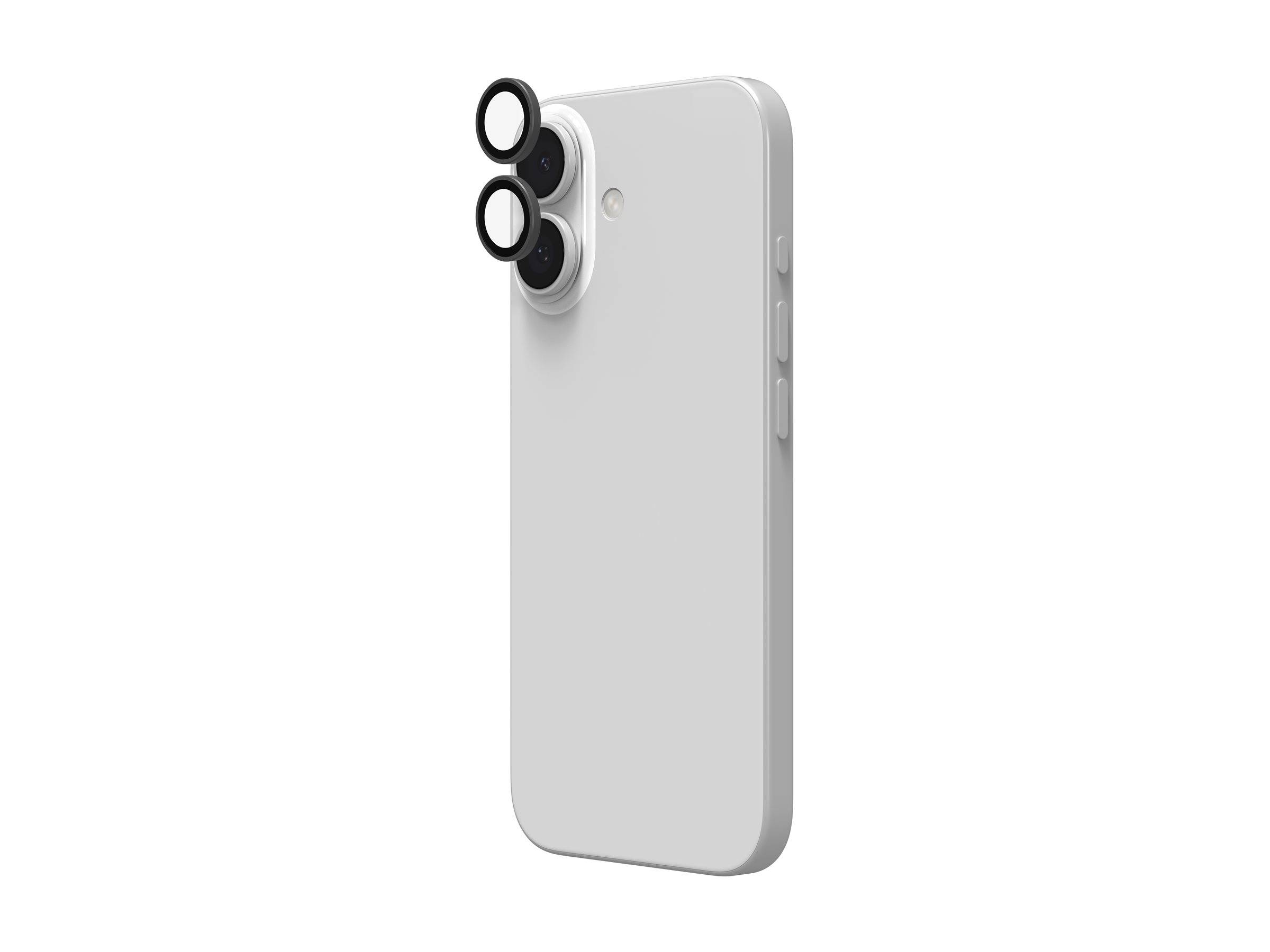 Ein weißes Smartphone mit einem Anbau mit drei Objektivringen in der oberen linken Ecke, von der Rückseite aus betrachtet.