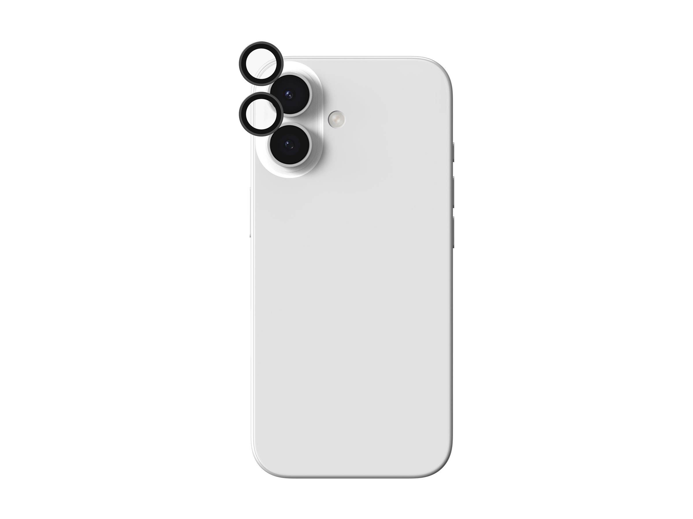 Ein weißes Smartphone mit zwei Kameras auf der Rückseite, versehen mit externen Clip-On-Objektiven, die über beide Kameraobjektive gesetzt sind.