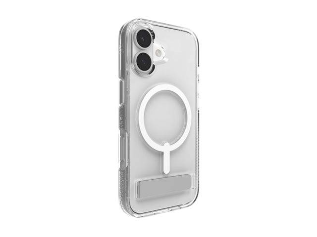 Eine durchsichtige Smartphone-Hülle mit einem kreisförmigen MagSafe-Ring auf der Rückseite und einem Kartenfach am unteren Ende, entwickelt für Schutz und Bequemlichkeit.