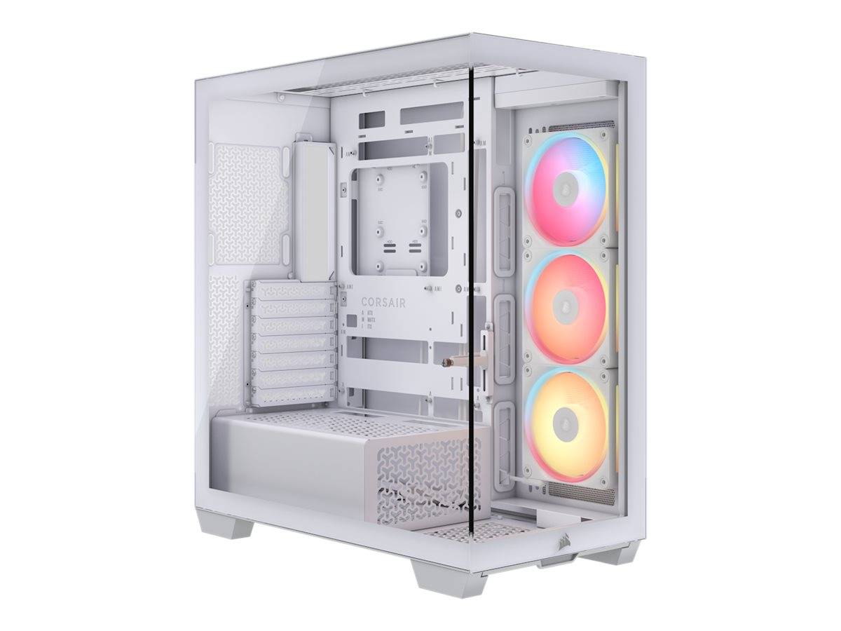 Ein weißes Computergehäuse mit einer transparenten Seitenscheibe, ausgestattet mit drei bunten LED-Lüftern. Das Innere ist leer und zeigt die mögliche Hardwarelayout-Anordnung.