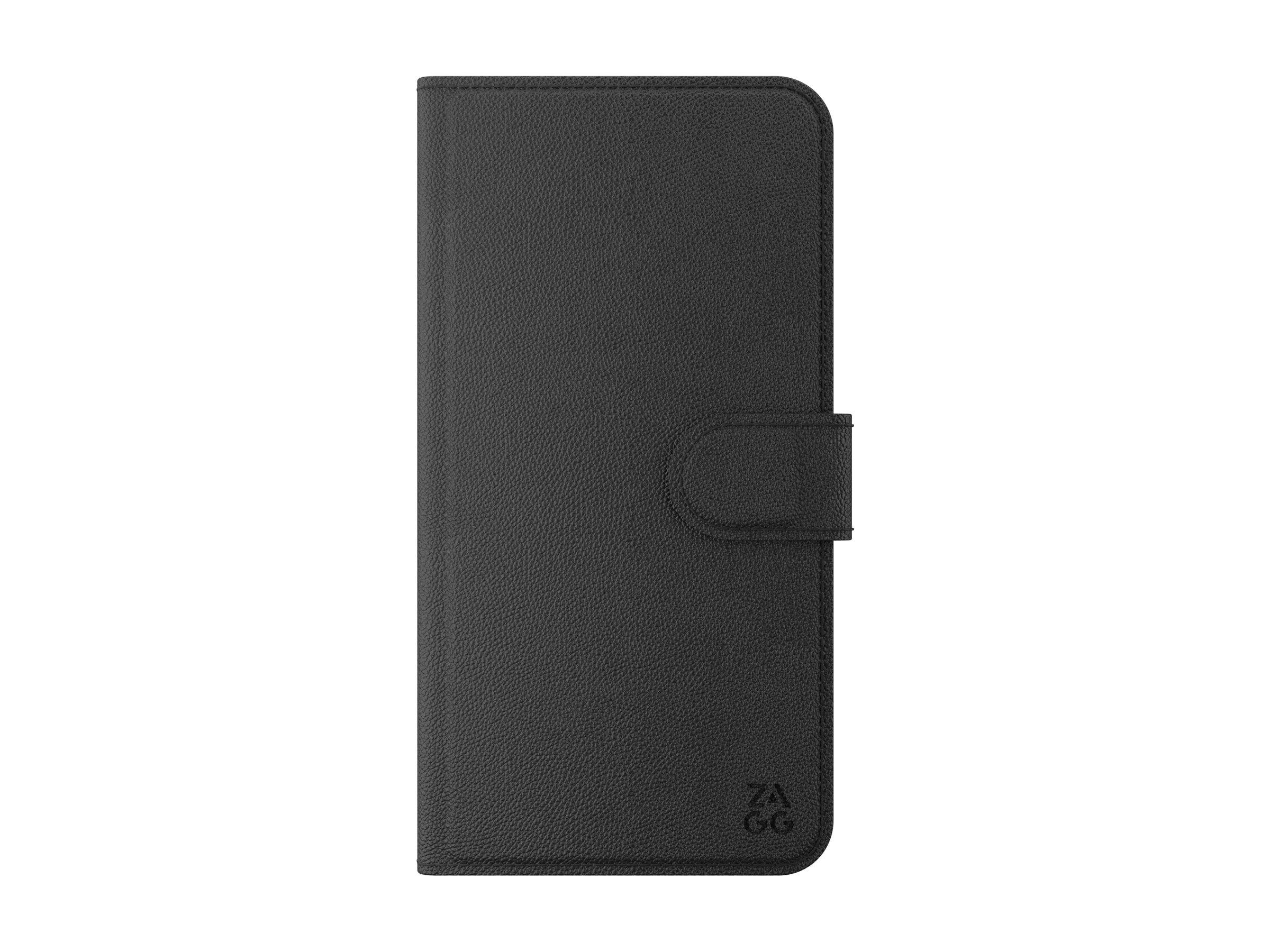 Eine schwarze Handyhülle mit einer strukturierten Oberfläche und einem Klappmechanismus, die ein kleines Logo in der rechten unteren Ecke aufweist.