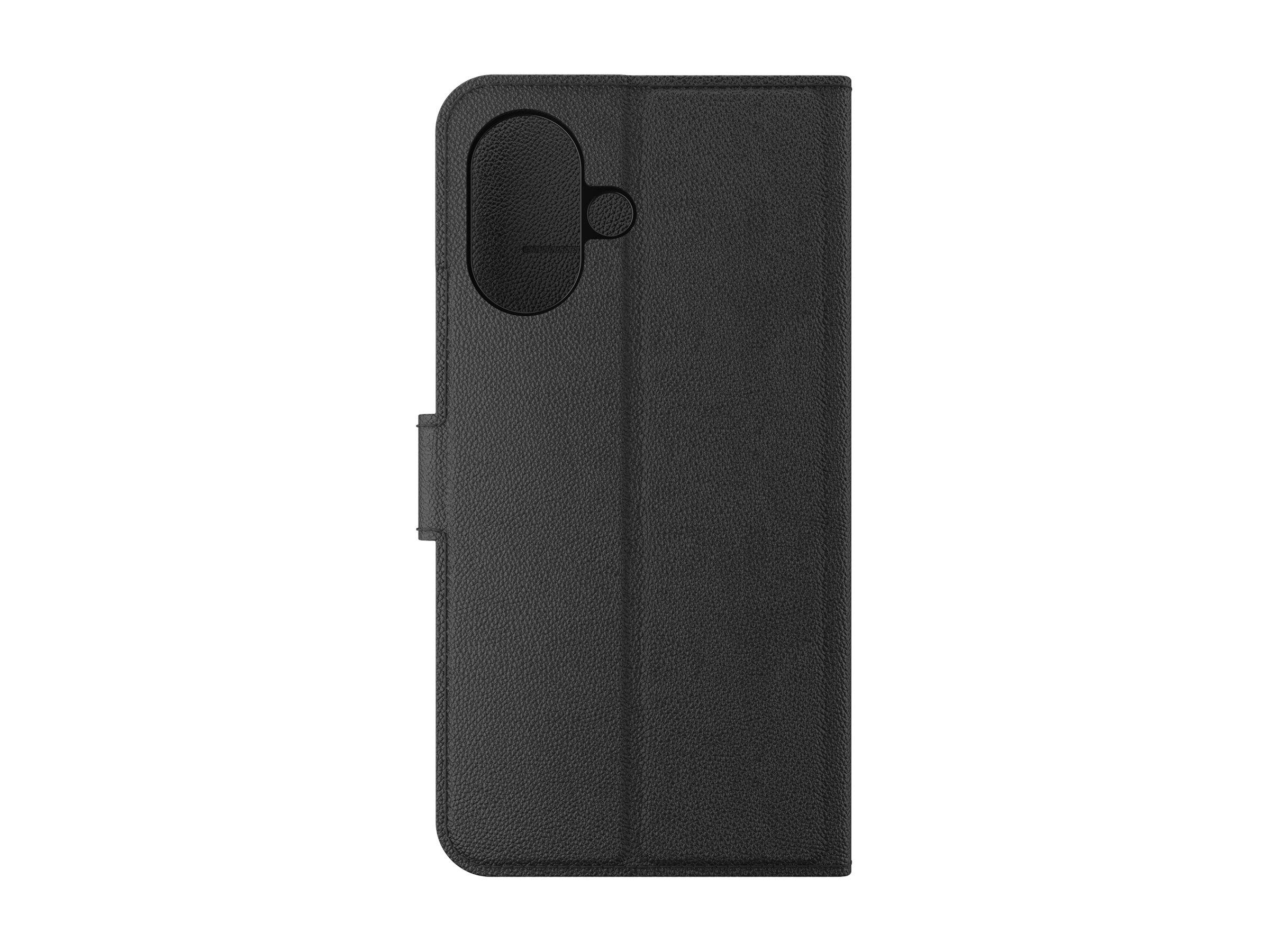 Eine schwarze Smartphone-Hülle mit einer strukturierten Oberfläche, geschlossen dargestellt. Sie verfügt über eine Aussparung für die Kamera und einen Klappe für einen sicheren Verschluss.