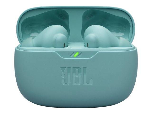 Türkisfarbene kabellose Ohrhörer, die in einem geöffneten, passenden Ladecase platziert sind, mit einem Logo auf der Vorderseite und einer leuchtenden LED-Anzeige, die den Ladestatus zeigt.