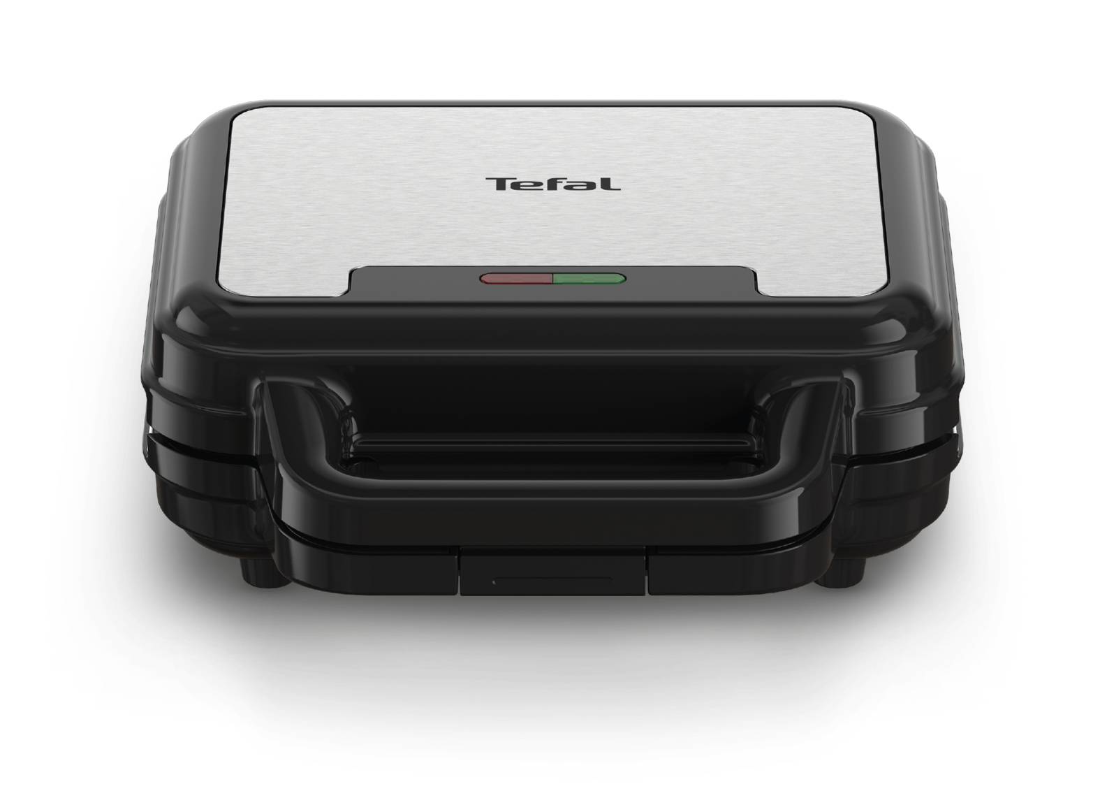 Geschlossener Tefal-Sandwichgrill mit schwarzem Gehäuse und Edelstahldeckel, Vorderansicht auf weißem Hintergrund dargestellt.