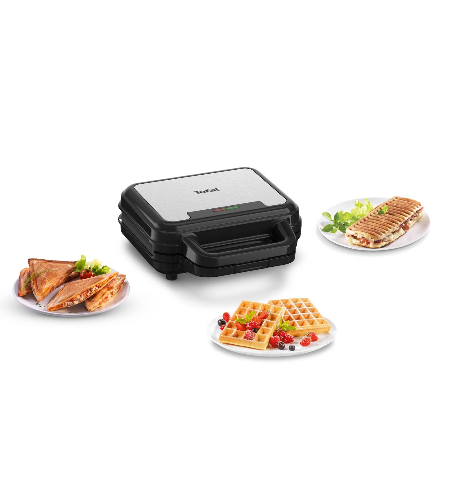 Schwarzer Tefal Sandwich- und Waffelbereiter, gezeigt mit Tellern mit gegrillten Sandwiches, Waffeln und Panini-artigen Sandwiches rundherum.