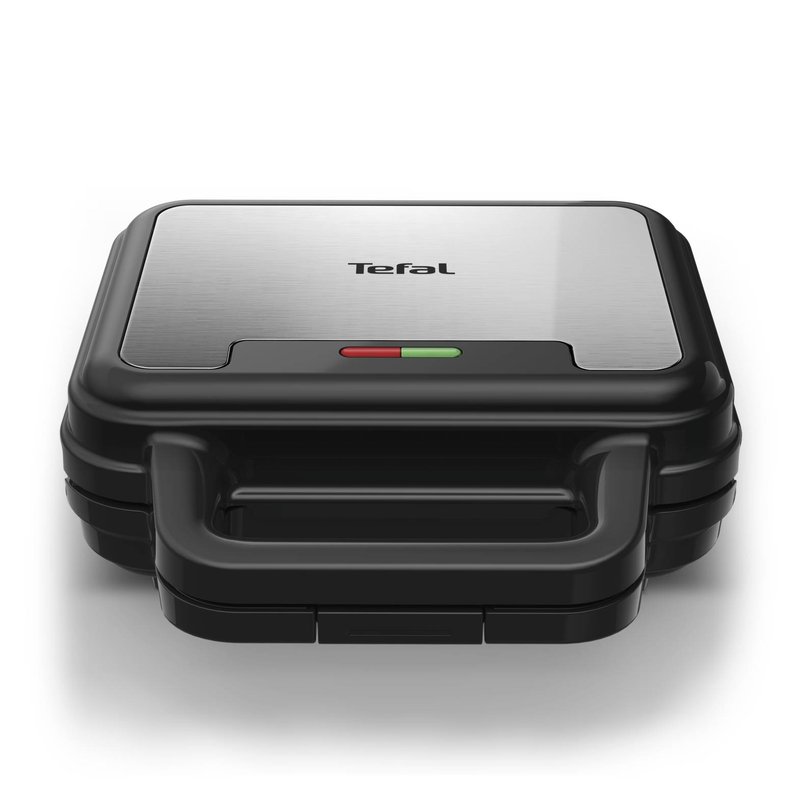 Geschlossenes Tefal-Sandwichgrill mit schwarzer Basis, Edelstahldeckel und roten und grünen Kontrollleuchten.
