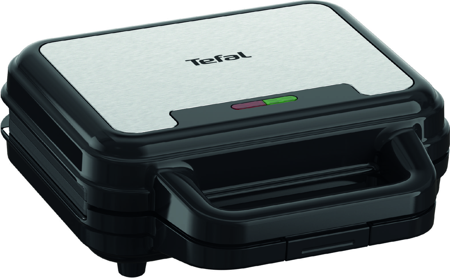 Geschlossener schwarzer Tefal-Sandwich-Maker mit Edelstahldeckel und vorderer Griff, schräg vor weißem Hintergrund fotografiert.