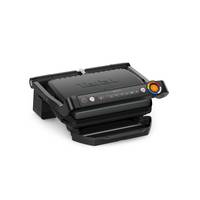 Ein schwarzer elektrischer Grill mit mehreren Einstellungen und Bedienelementen auf der Frontplatte für verschiedene Kochmöglichkeiten.