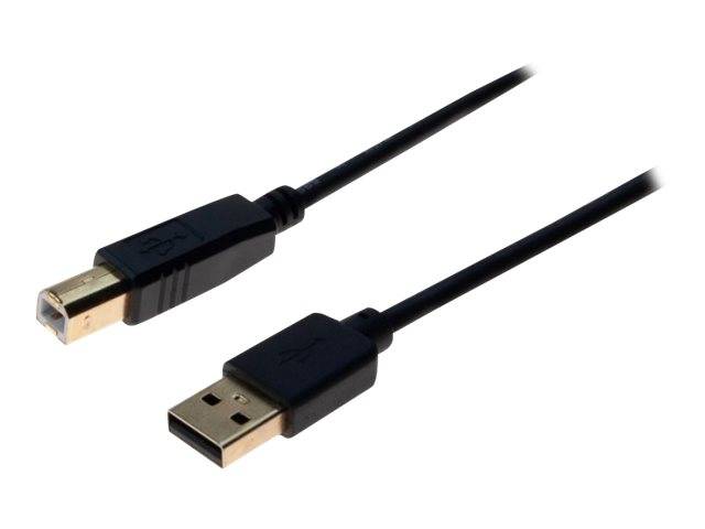 Ein schwarzes USB-Kabel mit einem USB Typ-A-Stecker auf der einen Seite und einem USB Typ-B-Stecker auf der anderen Seite, verwendet zur Geräteverbindung.