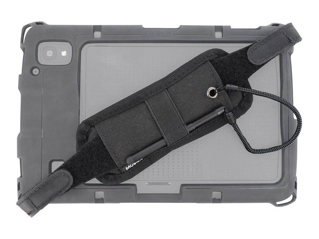 Ein Tablet-Gerät mit einem schwarzen Riemen, der an seiner Rückseite befestigt ist und einen Stylus hält. Das Gehäuse wirkt robust und deutet auf Haltbarkeit und Mobilität hin.