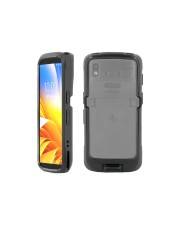 Front- und Rückansicht eines robusten Smartphones mit einem strapazierfähigen schwarzen Gehäuse; auf dem Bildschirm wird eine farbenfrohe Benutzeroberfläche angezeigt.
