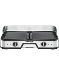 Edelstahl-Elektro-Grillplatte mit zwei Kochbereichen und Temperaturregelknöpfen.