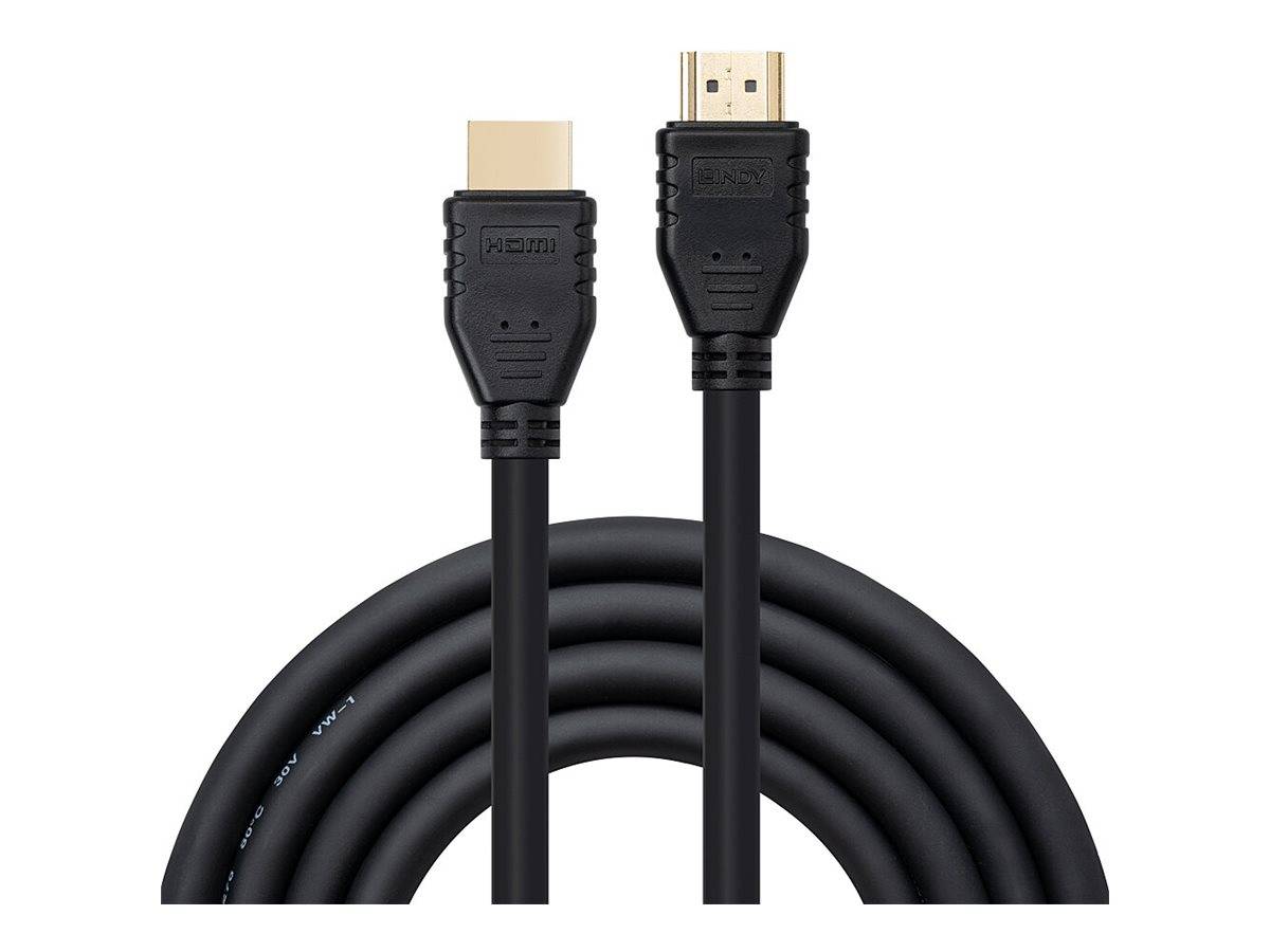 Schwarzes HDMI-Kabel aufgewickelt auf weißem Hintergrund, zeigt zwei HDMI-Stecker und vergoldete Kontakte.