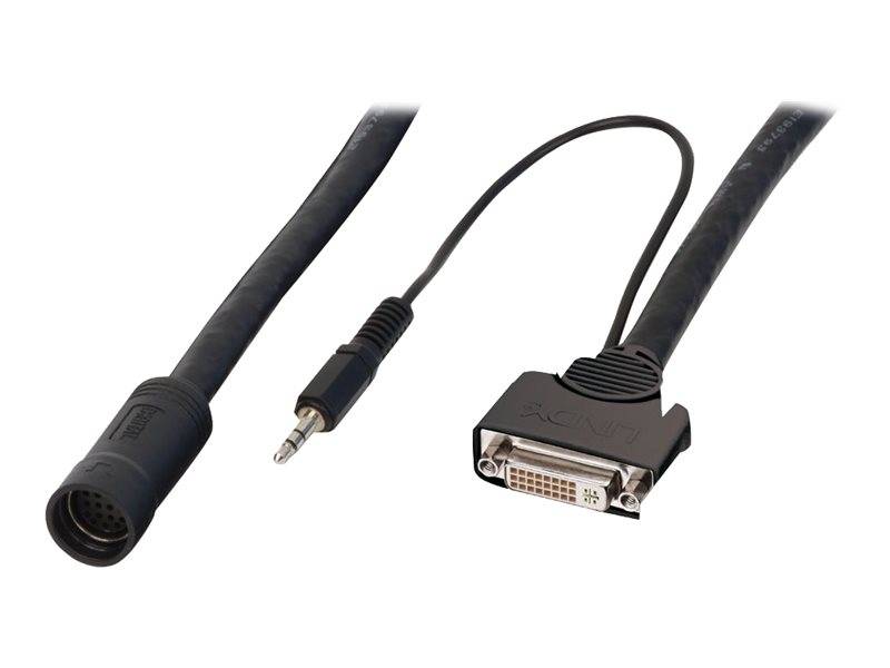 Kabeladapter mit DIN-Steckanschluss an einem Ende, 3,5-mm-Stecker in der Mitte und DVI-Steckanschluss am anderen Ende, auf weißem Hintergrund dargestellt.