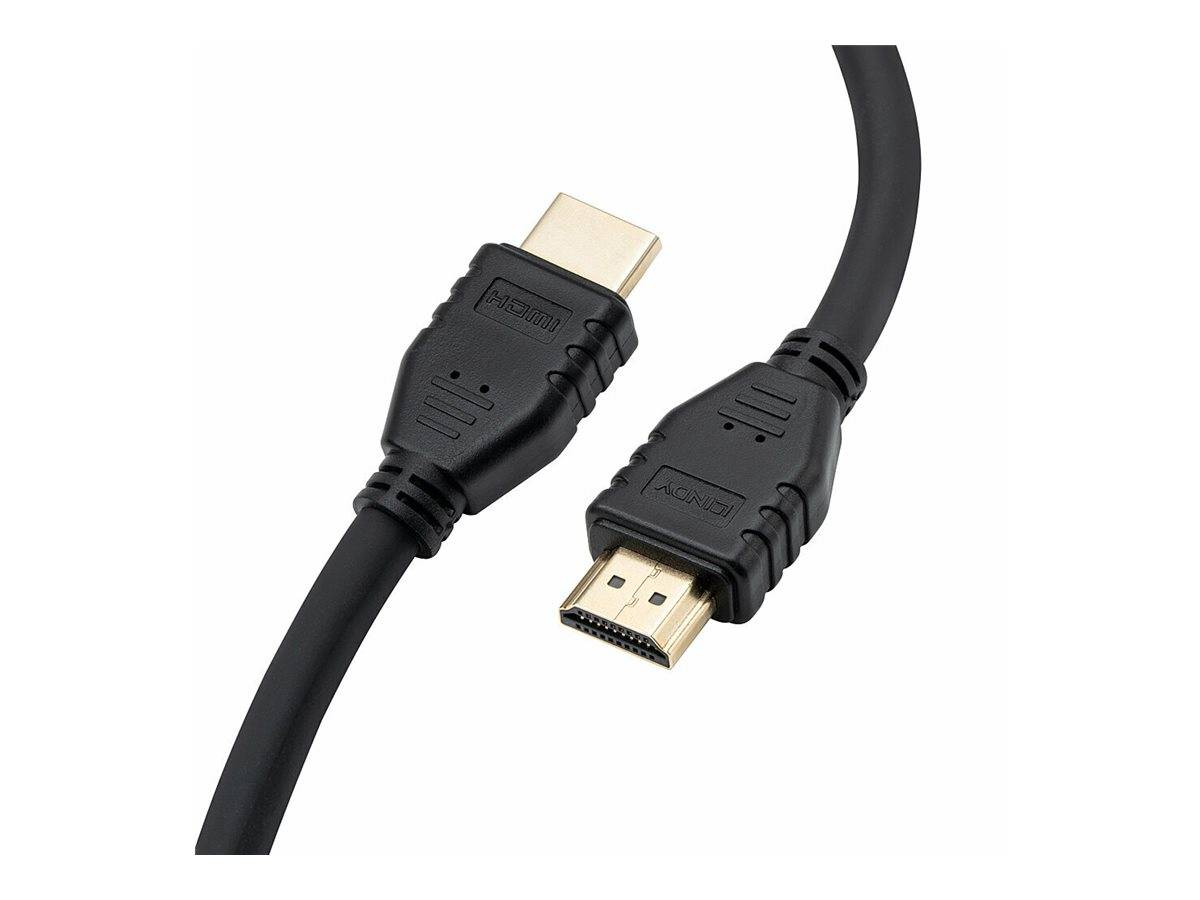 Schwarzes HDMI-Kabel mit zwei männlichen Steckern auf weißem Hintergrund.