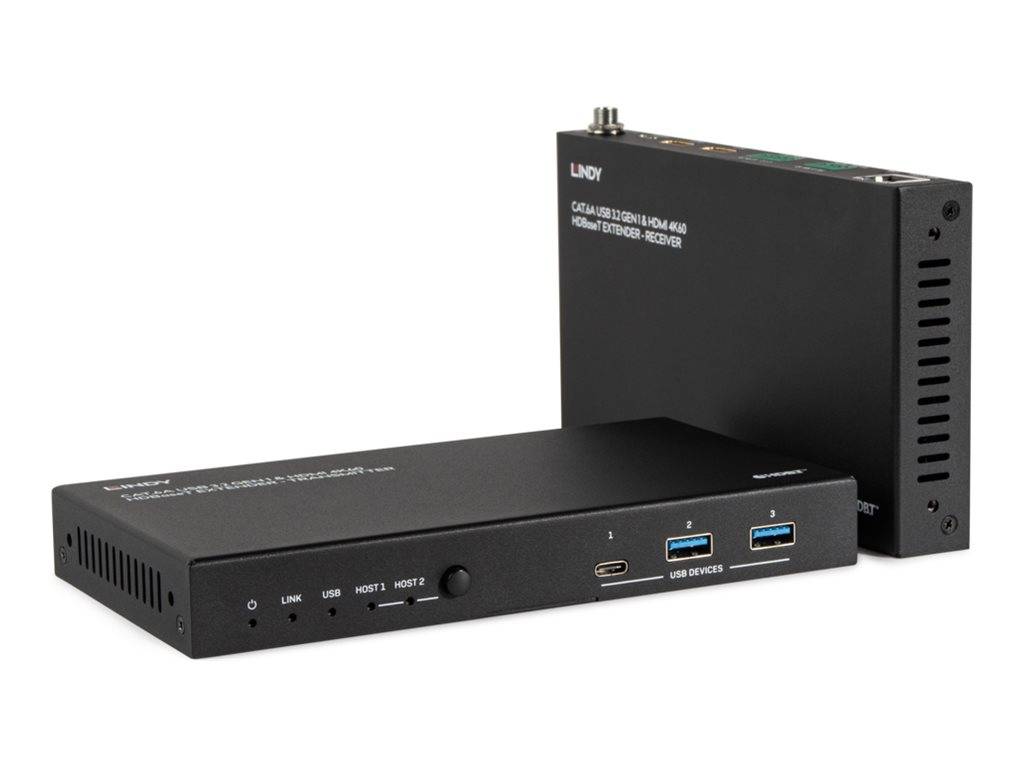 Ein schwarzer HDMI-Verteiler mit mehreren Anschlüssen und Beschriftungen, einschließlich zwei USB-3.0-Ports, liegt auf einem weißen Hintergrund.