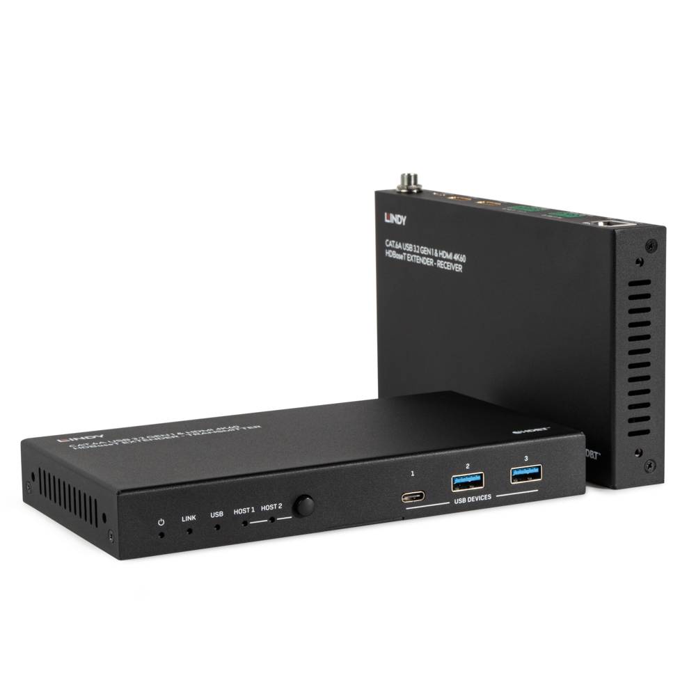 Zwei schwarze elektronische Geräte mit mehreren Anschlüssen, die mit HDMI und USB beschriftet sind, und für das Umschalten oder Verteilen von Video- und Audiosignalen verwendet werden.