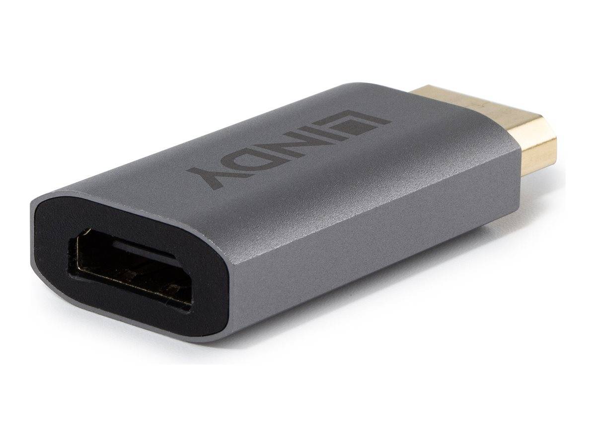 Ein kompakter HDMI zu VGA Adapter mit metallisch grauer Oberfläche, ausgestattet mit einem HDMI-Stecker und einem VGA-Buchsenanschluss, mit der Markenbezeichnung 'LINDY'.