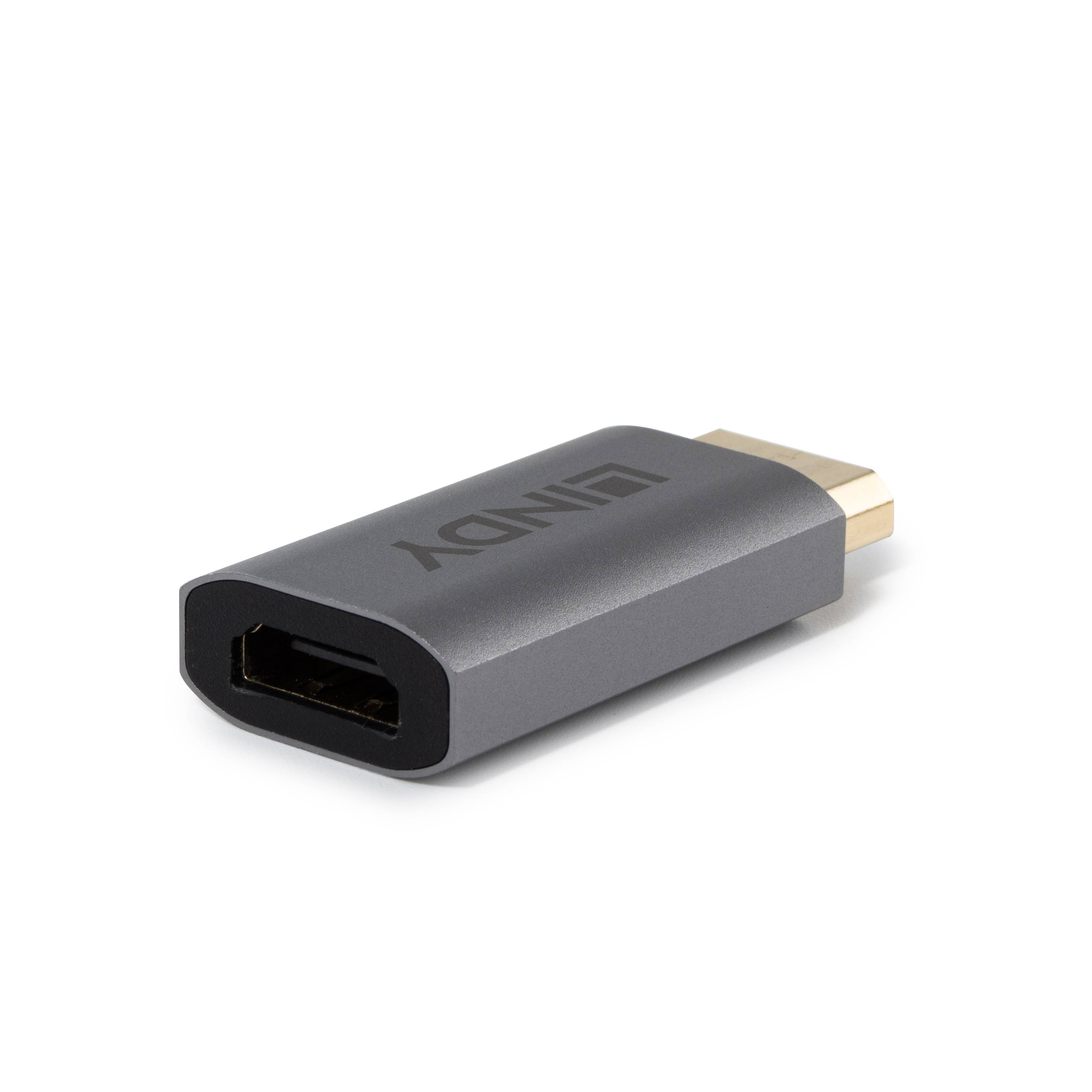 Ein grauer HDMI zu Mini DisplayPort Adapter mit 'LINDY' Branding auf dem Gehäuse.