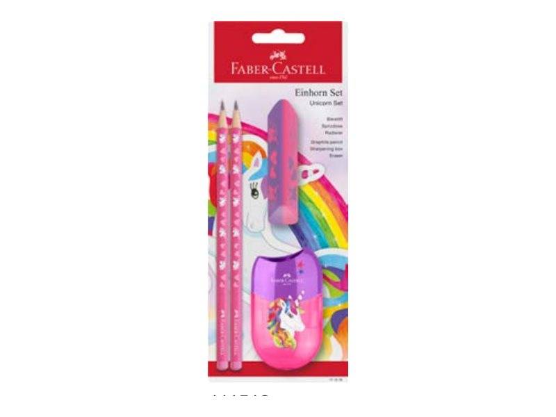 Faber-Castell Einhorn-Themen-Schreibwaren-Set mit zwei Bleistiften, Radiergummi, Spitzer und Lineal auf einer farbenfrohen Regenbogen-Verpackung.