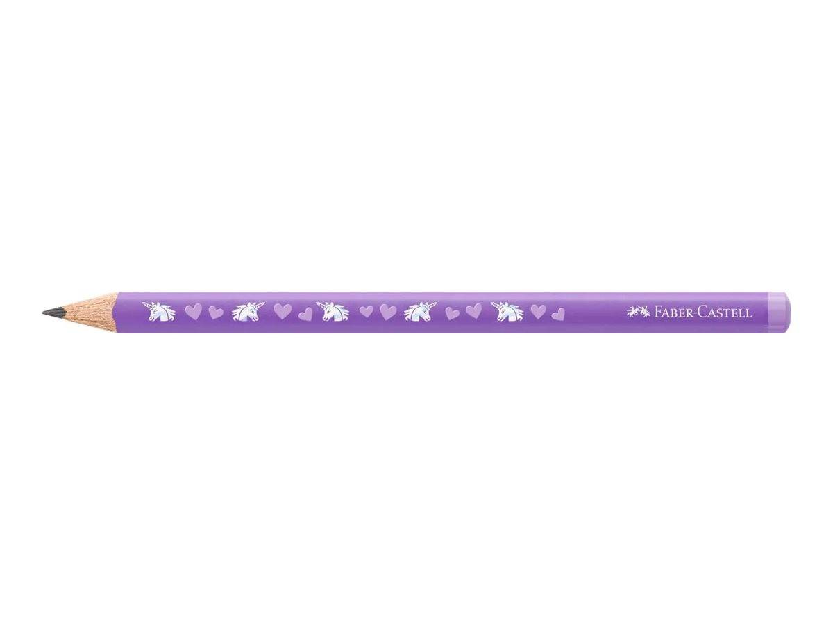Violetter Faber-Castell-Bleistift mit weißem Herz und Blumenmuster auf einfachem weißem Hintergrund.
