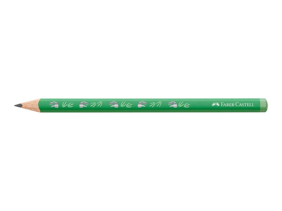 Grüner Faber-Castell Holzbleistift mit angespitzter Graphitmine und silbernem Logo, dargestellt auf weißem Hintergrund.