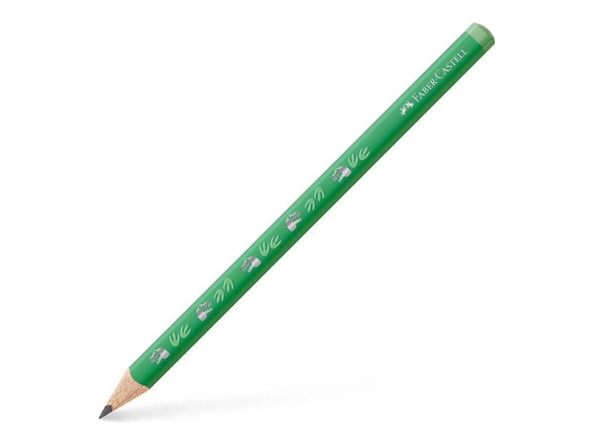Grüner Faber-Castell Holzbleistift mit angespitzter Graphitmiene, diagonal auf weißem Hintergrund dargestellt.