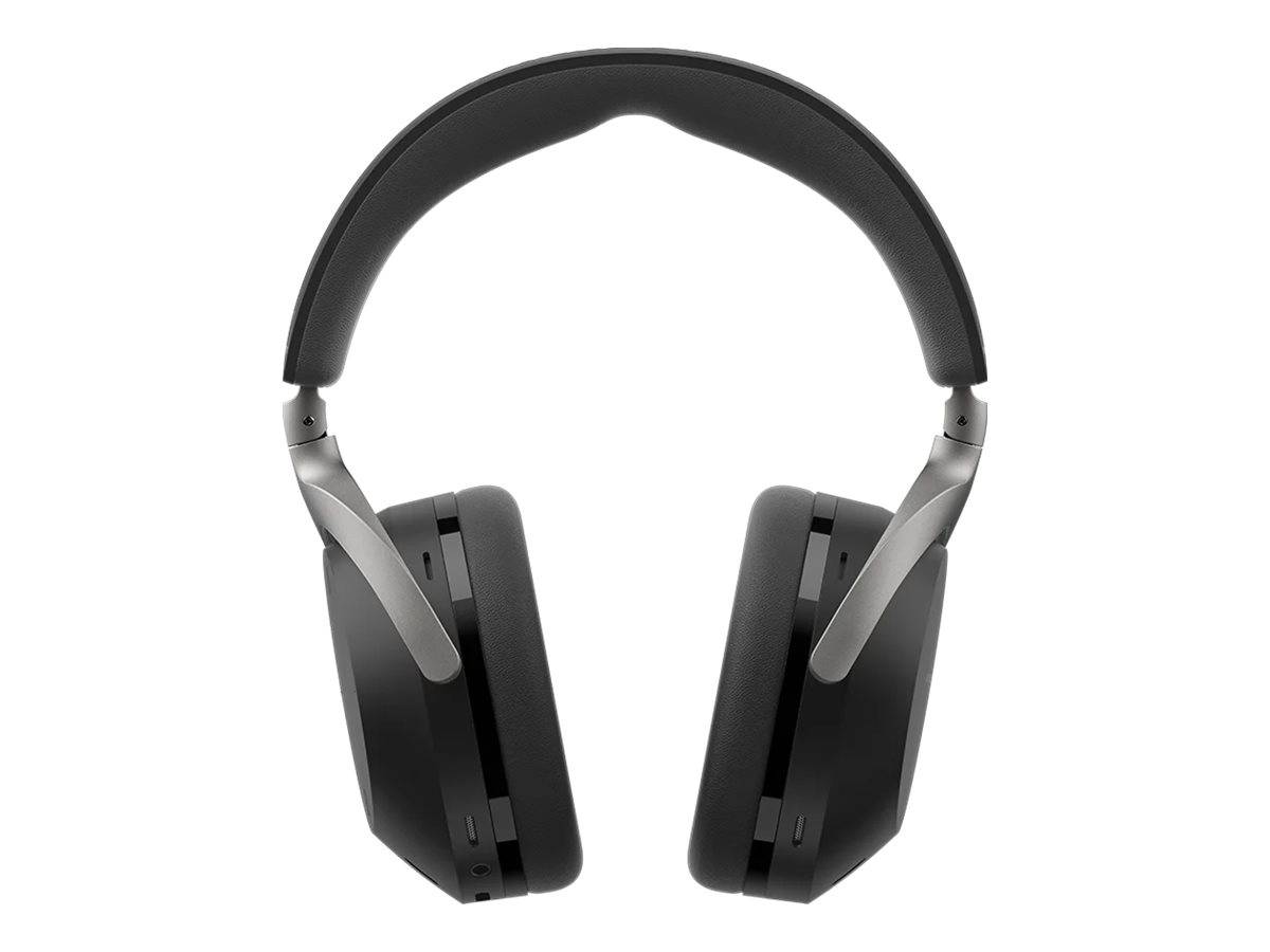 Ein Paar schwarzer Over-Ear-Kopfhörer mit silbernen Akzenten, die die Oberseite und die gepolsterten Ohrmuscheln in einer neutralen Umgebung zeigen.