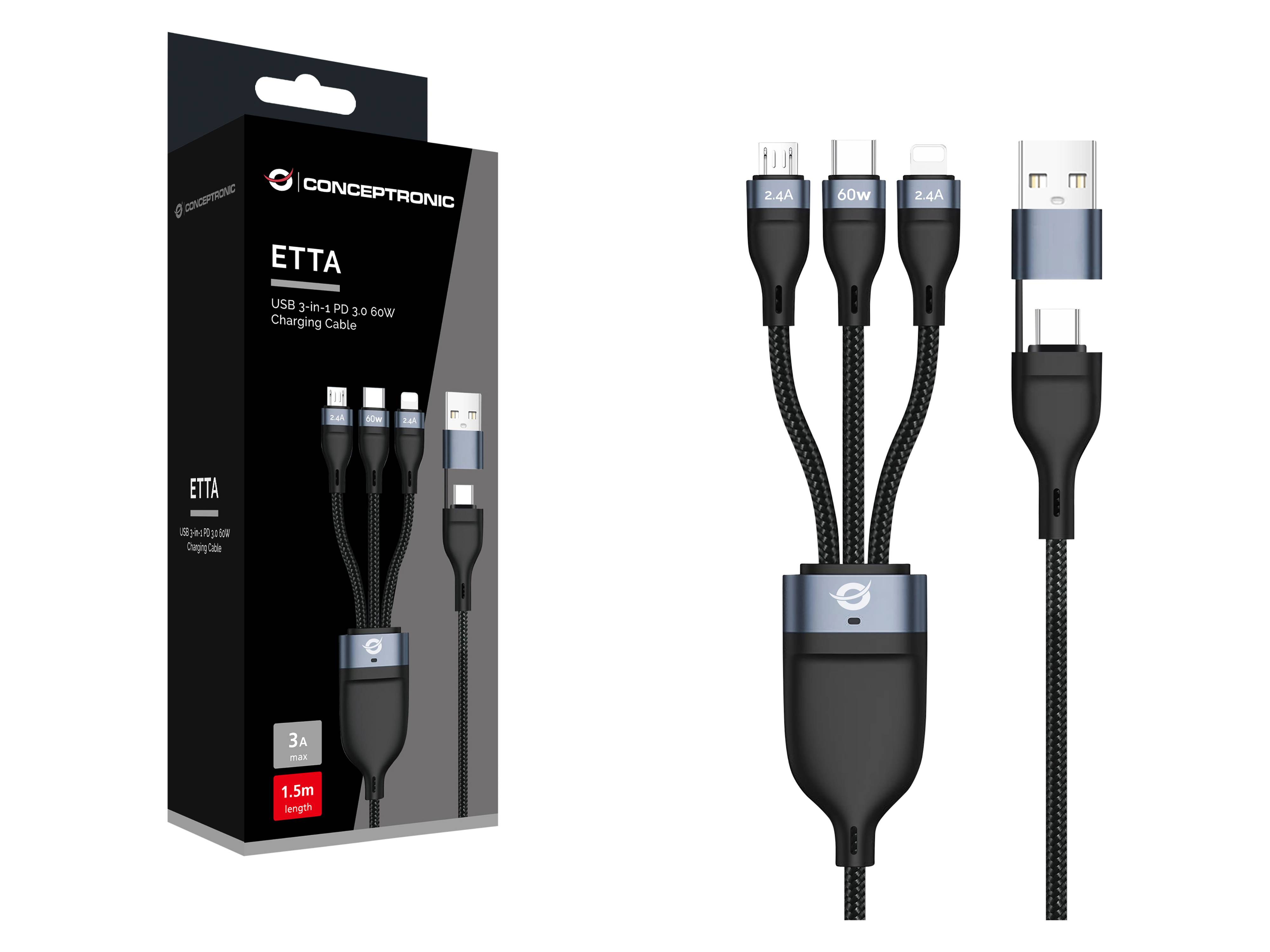 Conceptronic ETTA05B15 USB 3-in-1 PD 3.0 60W Ladekabel - Kabel - Digital/Daten