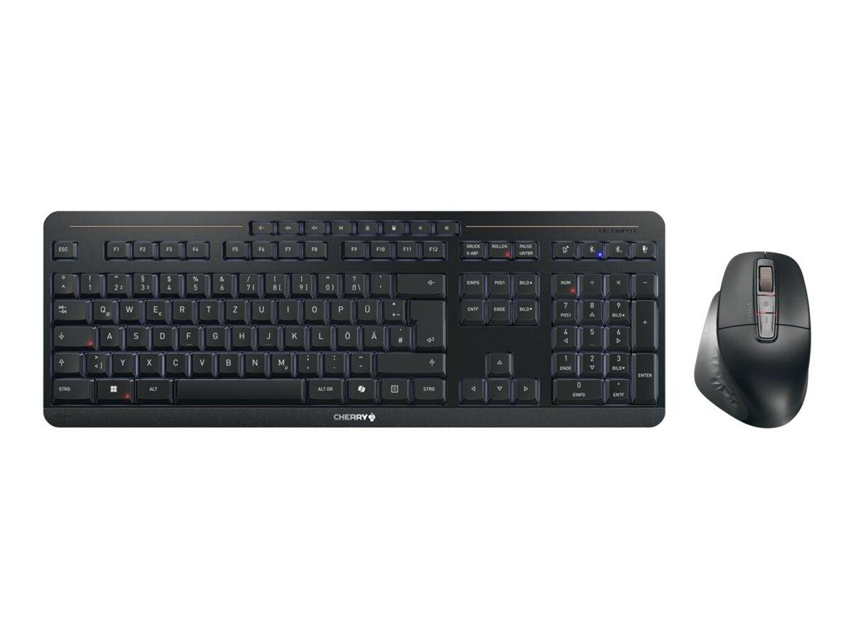 Ein schwarzer Computer-Tastatur- und Mausset, von oben gezeigt, mit Standard-QWERTY-Layout und zusätzlichen Funktions- und Medientasten.