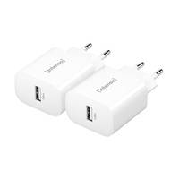 Zwei weiße USB-Wandladegeräte mit europäischen Steckern, die jeweils einen USB-Anschluss haben und mit 'fchoose' beschriftet sind.