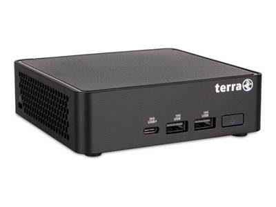 Ein kleines schwarzes elektronisches Gerät mit Anschlüssen, die mit USB beschriftet sind, und Terra-Branding auf der Vorderseite, wahrscheinlich ein Mini-Computer oder Mediaplayer.