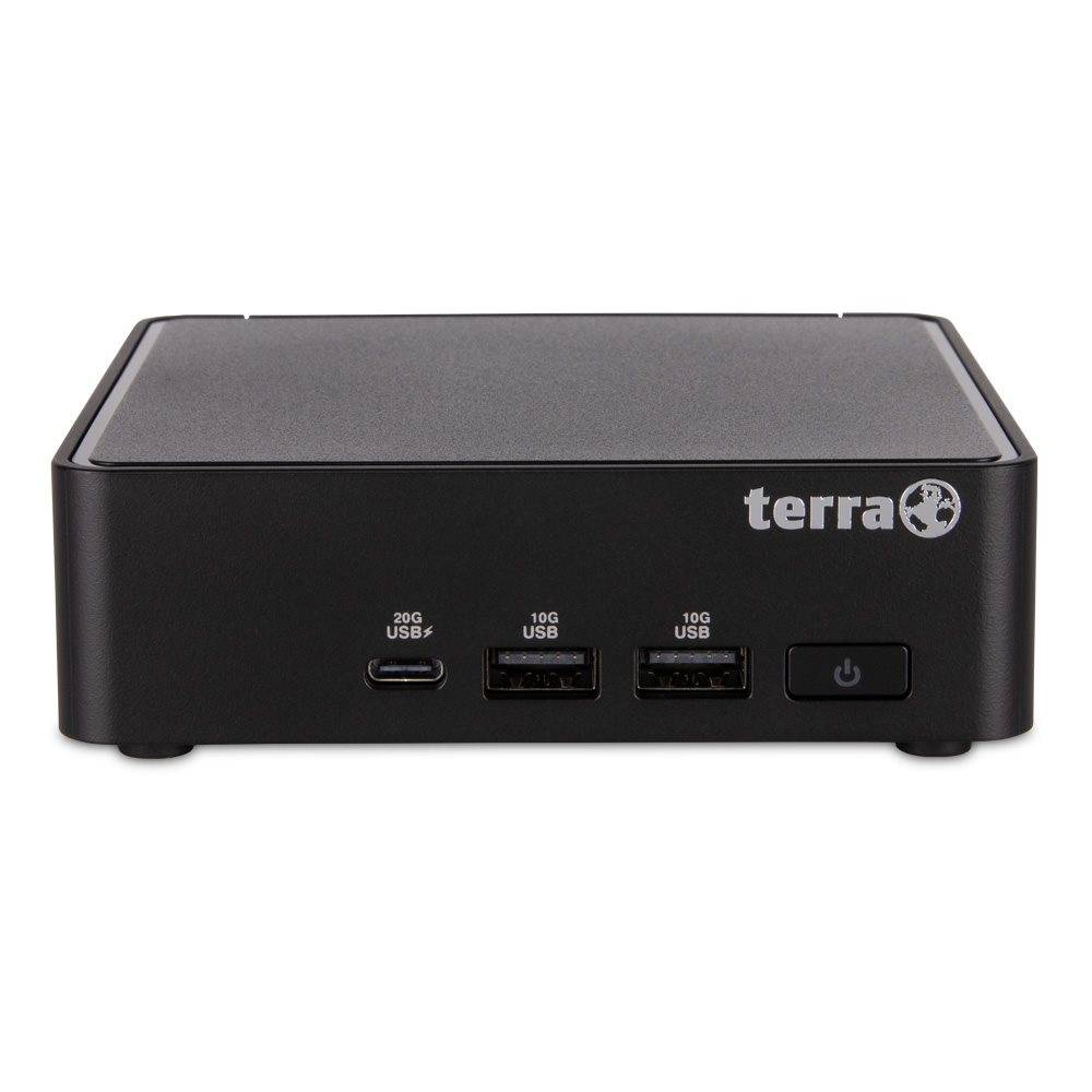 Ein schwarzer Computer-Hub mit dem 'terra' Logo verfügt über drei USB-Anschlüsse (zwei 10G, einer 20G) und einen Einschaltknopf auf dem Frontpanel.