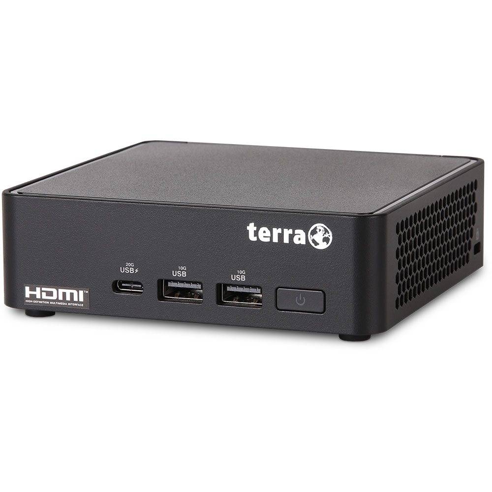 Kleines schwarzes elektronisches Gerät mit 'terra' Markenlogo, ausgestattet mit mehreren USB-Anschlüssen und einem HDMI-Logo auf der Vorderseite.
