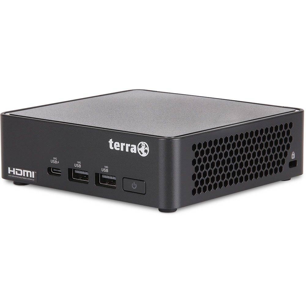 Eine kleine, schwarze Computerbox mit 'terra' Logo, mit HDMI-, USB-Anschlüssen und Einschaltknopf auf dem Frontpanel.